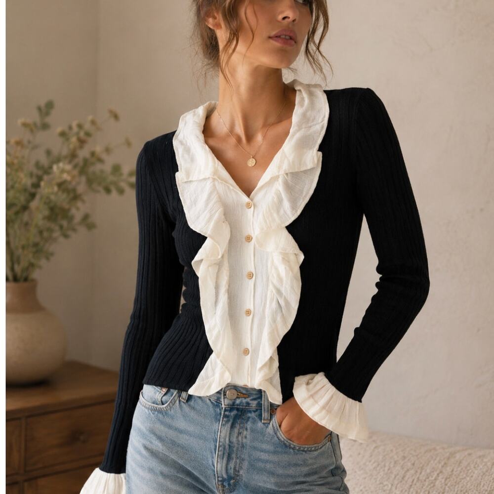 Anthropologie Black Ivory Ruffle Ribbed Sweater Top Size S Romantic Cottagecore